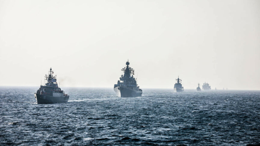 January 21, 2022, Indian Ocean, Indian Ocean, Iran: This photo provided Friday, Jan. 21, 2022, by the Iranian Army, shows a part of a joint naval drill of Iran, Russia, and China in the Indian Ocean. Iran’s state TV said 11 of its vessels were joined by three Russian ships including a destroyer, and two Chinese vessels.