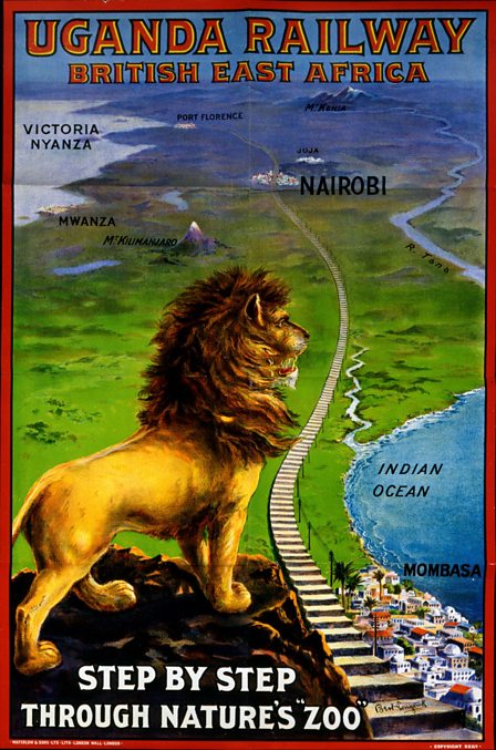 A poster for the Uganda Railway, featuring a large lion.