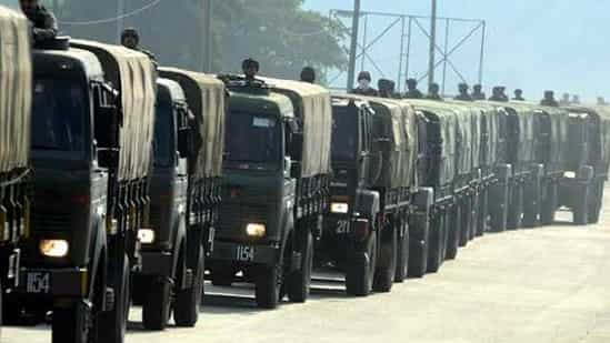 Indian Army trucks make their way to Ladakh after Chinese transgressions in May 2020.